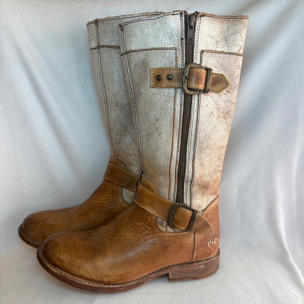 Bed Stu Cobbler Series Women 6 Distressed Leather Tall Moto Boots Tan White